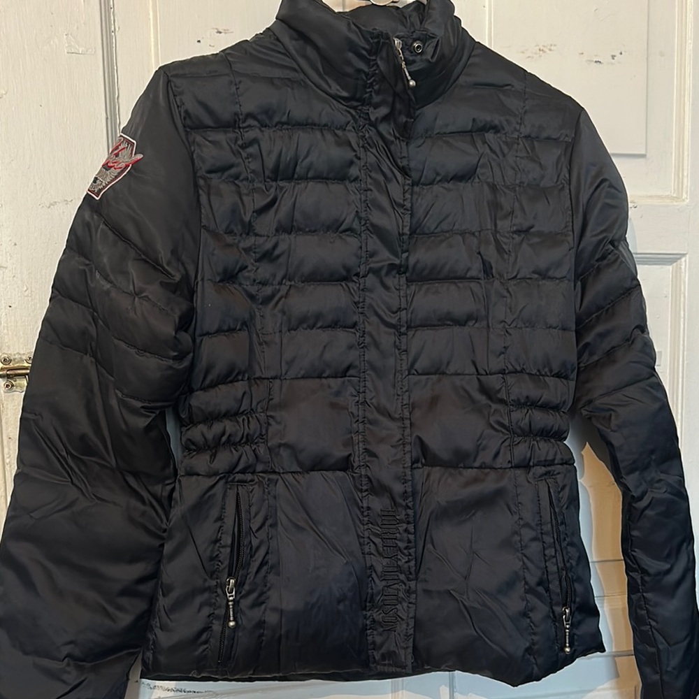 C—Black Quilted Puffer Jacket with Stand-Up Collar